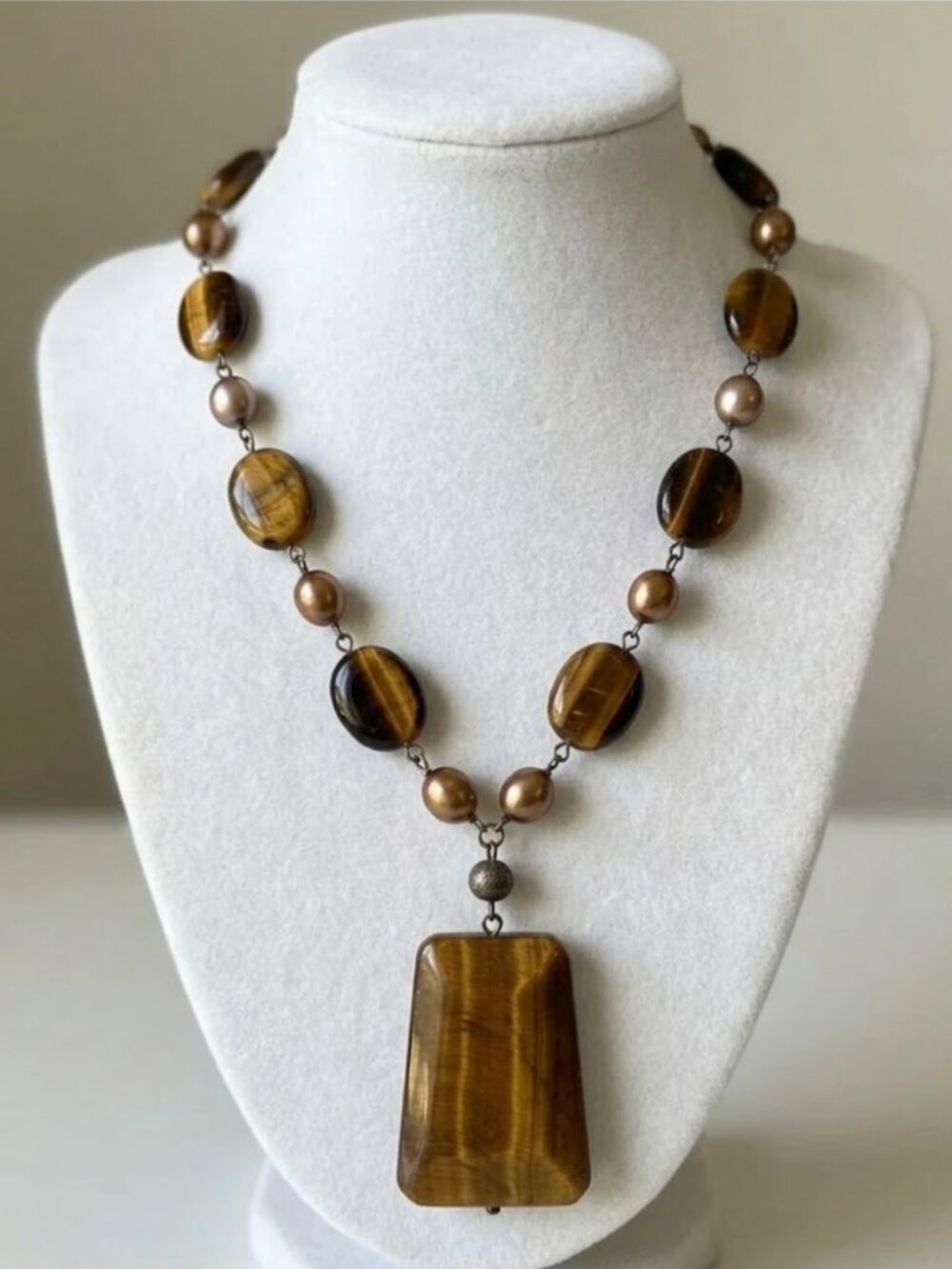 Natural Tigers Eye Bronze Pearl Statement Pendant Necklace Toggle Clasp